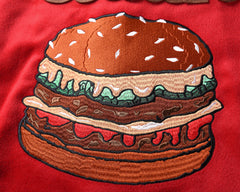Red 4th Anniversary Burger Patch Leather Varsity Jacket