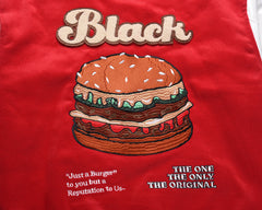Red 4th Anniversary Burger Patch Leather Varsity Jacket