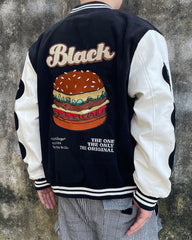 Black 4th Anniversary Burger Patch Leather Varsity Jacket