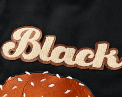 Black 4th Anniversary Burger Patch Leather Varsity Jacket