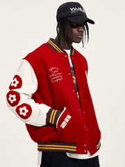 Red 4th Anniversary Burger Patch Leather Varsity Jacket