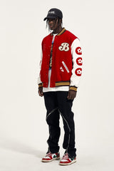 Red 4th Anniversary Burger Patch Leather Varsity Jacket