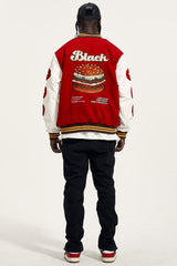 Red 4th Anniversary Burger Patch Leather Varsity Jacket