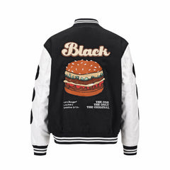 Black 4th Anniversary Burger Patch Leather Varsity Jacket
