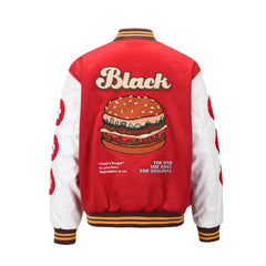 Red 4th Anniversary Burger Patch Leather Varsity Jacket