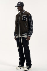 Brown Future Is In The Past Embroidered Leather Varsity Jacket
