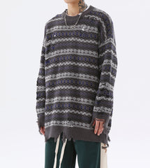 Grey Multi Pattern Stripe Distressed Raw Edge Sweatshirt