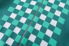 Green & White Checkerboard Zip Up Knit Hoodie