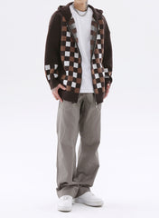 Brown & White Checkerboard Zip Up Knit Hoodie