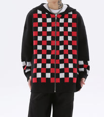 Black, Red & White Checkerboard Zip Up Knit Hoodie