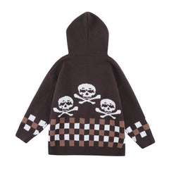 Brown & White Checkerboard Zip Up Knit Hoodie