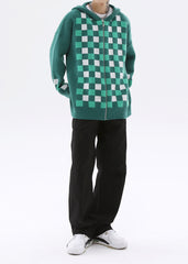 Green & White Checkerboard Zip Up Knit Hoodie