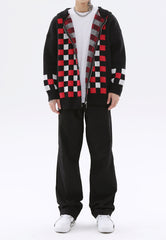 Black, Red & White Checkerboard Zip Up Knit Hoodie
