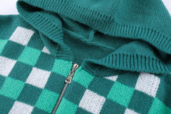Green & White Checkerboard Zip Up Knit Hoodie