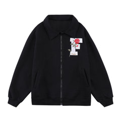 Black Fair Focus Embroidered Zip-Up Waffle Knit Jacket
