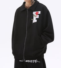Black Fair Focus Embroidered Zip-Up Waffle Knit Jacket
