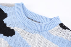 Blue Camo Cable Knit Crew Neck Sweatshirt