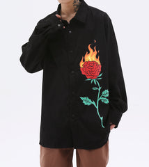 Black Flaming Rose Print Snap Button Corduroy Shirt