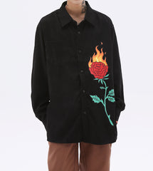 Black Flaming Rose Print Snap Button Corduroy Shirt