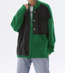 Green Dual Layer Denim & Knit Zip-Up Jacket