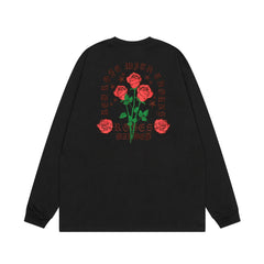 Roses With Thorns Embroidered Print Long-Sleeve Black Tee