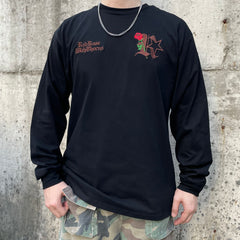 Roses With Thorns Embroidered Print Long-Sleeve Black Tee