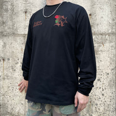 Roses With Thorns Embroidered Print Long-Sleeve Black Tee