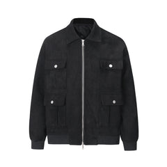 Black Micro-Suede Snap Pocket Zip Jacket