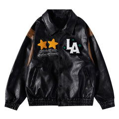 Black Leather Easy LA Embroidered Patch Varsity Jacket