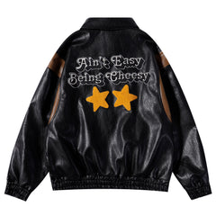 Black Leather Easy LA Embroidered Patch Varsity Jacket