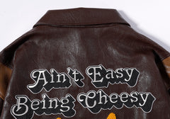 Brown Leather Easy LA Embroidered Patch Varsity Jacket