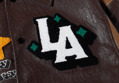 Brown Leather Easy LA Embroidered Patch Varsity Jacket