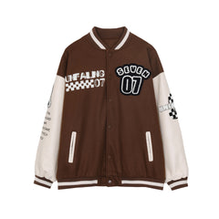 Brown Unfailing Patched Leather Varsity Jacket