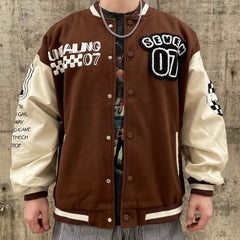 Brown Unfailing Patched Leather Varsity Jacket