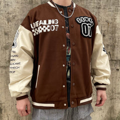 Brown Unfailing Patched Leather Varsity Jacket