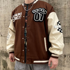 Brown Unfailing Patched Leather Varsity Jacket