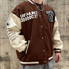 Brown Unfailing Patched Leather Varsity Jacket