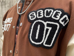 Brown Unfailing Patched Leather Varsity Jacket