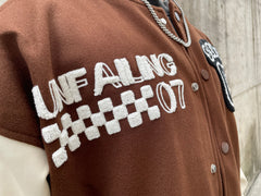 Brown Unfailing Patched Leather Varsity Jacket