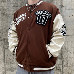 Brown Unfailing Patched Leather Varsity Jacket