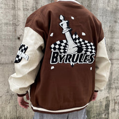 Brown Unfailing Patched Leather Varsity Jacket