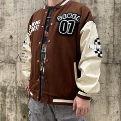 Brown Unfailing Patched Leather Varsity Jacket