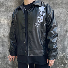 Black Rose Embroidered Leather Snap Jacket