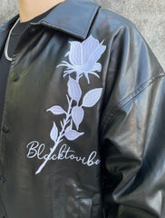 Black Rose Embroidered Leather Snap Jacket