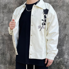 White Rose Embroidered Leather Snap Jacket