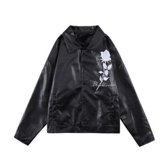 Black Rose Embroidered Leather Snap Jacket