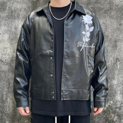 Black Rose Embroidered Leather Snap Jacket