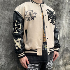 Khaki Schneider Racing Cams Embroidered Leather Varsity Jacket