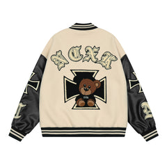 Khaki Schneider Racing Cams Embroidered Leather Varsity Jacket