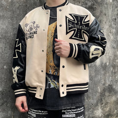 Khaki Schneider Racing Cams Embroidered Leather Varsity Jacket